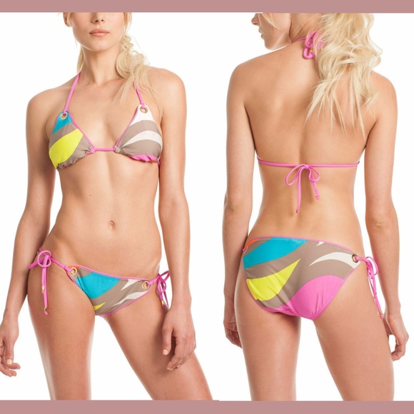 NWT 2PC‎ Trina Turk Pop Wave Triangle Top +Tie Side Bikini Bottom [SZ 12 ] Retro - Picture 1 of 12
